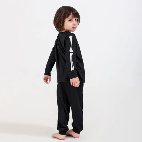 Vista 4 de Conjunto de pijamas familiares a juego de Halloween divertido conjunto de pantalones estampados de esqueleto, disfraz de Halloween y cosplay