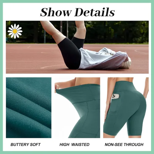 Vista 3 de TNNZEET Pantalones cortos de ciclismo para mujer con bolsillos, cintura alta, pantalones cortos deportivos de entrenamiento negros de 8 pulgadas