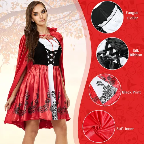 Vista 6 de Disfraz de capucha roja para mujer, bata de Halloween, capa de longitud completa con capucha para cosplay