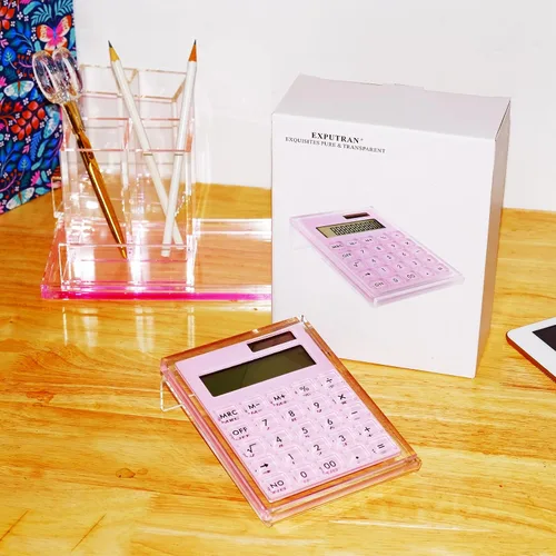 Vista 6 de Calculadora de Acrílico con Soporte, Batería y Energía Solar Híbrida Calculadora Básica de 12 Dígitos con Pantalla LCD, Accesorios de Escritorio Rosa