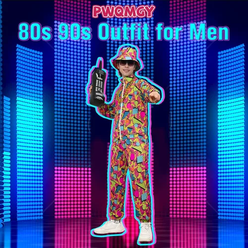 Vista 5 de Traje retro de los años 80 y 90 para hombre, 8 piezas, disfraz vintage de Halloween de los 80 para hombre, conjunto deportivo con accesorios