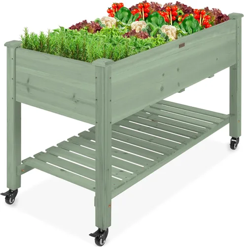 Vista 13 de Best Choice Products Cama de jardín elevada de 48 x 24 x 32 pulgadas, maceta móvil de madera elevada con ruedas bloqueables, estante