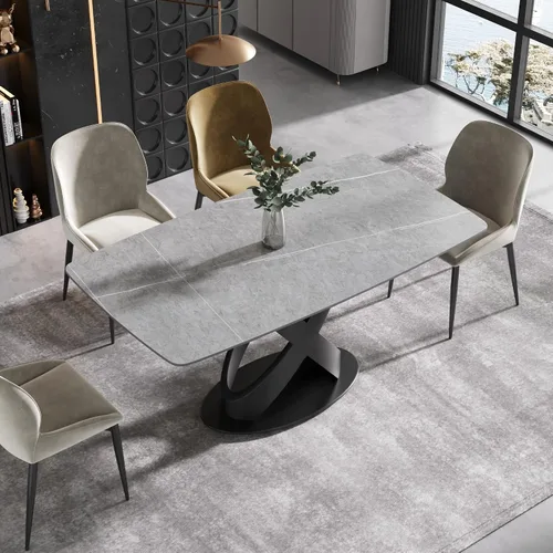 Vista 12 de Mesa de comedor moderna, mesa de piedra sinterizada blanca antigua con base de acero al carbono sólido en forma de X negra, mesa de comedor Blanco