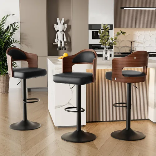 Vista 19 de Juego de 2 taburetes de bar giratorios, taburetes de bar de madera tapizados en cuero PU con respaldo y reposapiés, asiento de altura ajustable