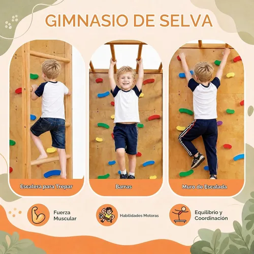 Vista 4 de KOMFOTT Twin Bunk Bed with Jungle Gym, Kids Loft Bed with Rock Wall,Natural
