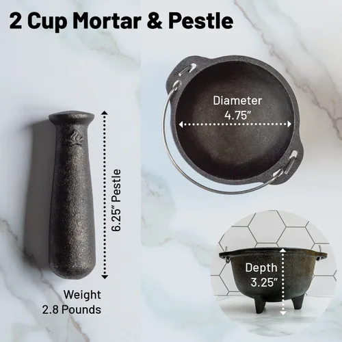 Vista 2 de Juego de mortero y mortero de hierro fundido de 4.75 pulgadas, molinillo de especias de 2 tazas