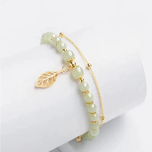 Vista 4 de Gofinoday Hetian Jade - Pulsera de hoja de oro, pulsera de temperamento elegante de jade hetiano, 12 pulseras de jade para mujer (2 unidades)