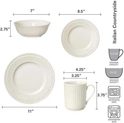 Vista 7 de Mikasa Italian Countryside - Juego de vajilla de 16 piezas, porcelana blanca clásica con bandas acanaladas, servicio para 4 platos llanos, platos