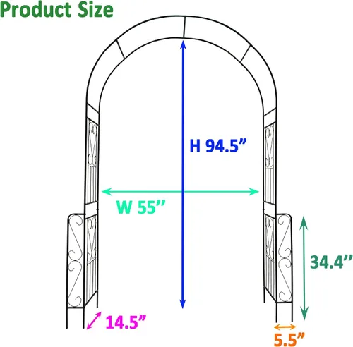 Vista 5 de Arco de jardín de metal, 55 pulgadas de ancho x 94.5 pulgadas de alto, enrejado para plantas trepadoras, soporte para arco de rosas, arco al aire