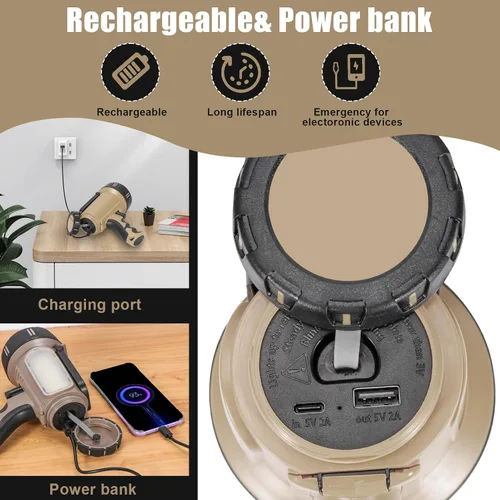 Vista 6 de Foco Recargable Súper Brillante de Mano, Linterna LED Recargable Táctica de Búsqueda con Salida USB, 6 Modos de Luz, Luz de Camping (Gris)