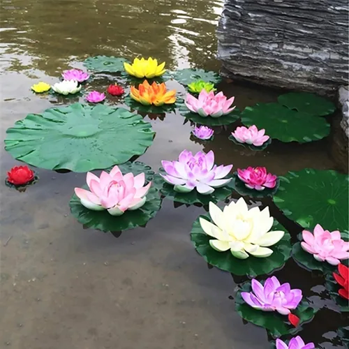 Vista 9 de Flor de loto de espuma flotante amarilla con adornos de almohadilla de lirios de agua, flores de loto falsas para pecera, acuario, hogar, jardín