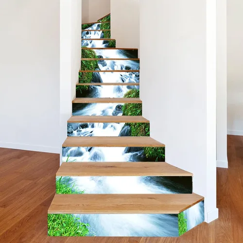 Vista 5 de Yuehuam Calcomanías de escalera de cascadas, 13 unidades, autoadhesivas 3D, elevadores de cascada, paisaje natural, para pared, vinilo impermeable