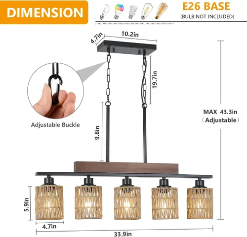 Vista 2 de Candelabros de ratán para comedor, iluminación de isla de cocina bohemia, lámpara lineal de 5 luces, lámpara colgante rectangular, candelabros