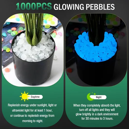 Vista 2 de Piedras decorativas que brillan en la oscuridad para exteriores, 1000 piezas blancas que brillan en azul, pequeños guijarros luminosos para jardín