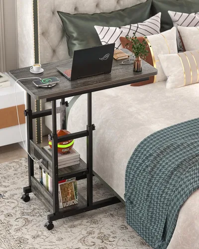Vista 8 de Mesa auxiliar de altura ajustable con estación de carga, mesa auxiliar móvil para computadora portátil en forma de C con ruedas, mesa de sofá de 3
