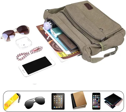 Vista 6 de JAKAGO Bolso de mensajero de lona con múltiples bolsillos, bolso de hombro casual, bolso cruzado para viajes de negocios, uso diario