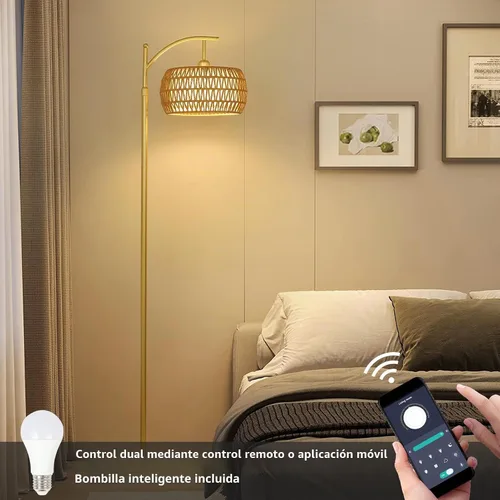 Vista 4 de eyassi Lámpara de pie de arco con 3 temperaturas de color, lámpara de pie LED dorada con control remoto y bombilla regulable continua, lámpara