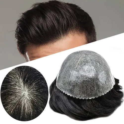 Vista 4 de Toupee para hombres todos inyectados PU sistema de reemplazo de cabello humano para hombres piel fina tupé transparente hombres pieza de pelo