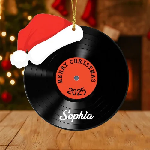 Vista 6 de Adorno de Disco de Vinilo Retro Personalizado 2025, Adorno de Músico Personalizado para Amantes de la Música, Decoración de Árbol de Navidad