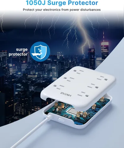 Vista 8 de Cinta de enchufes de 2 puntas con GFCI, VINTAR Adaptador de enchufe de GFCI de 2 a 3 puntas, cable de extensión de 6 pies con 6 salidas y 4 USB