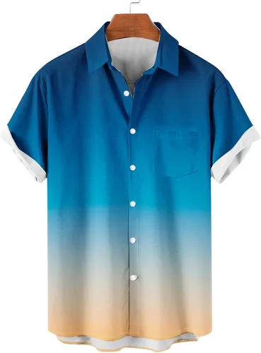 Vista 2 de Camisas con botones para hombre, de moda, de manga corta, color degradado, ajuste holgado, para vacaciones, playa, verano