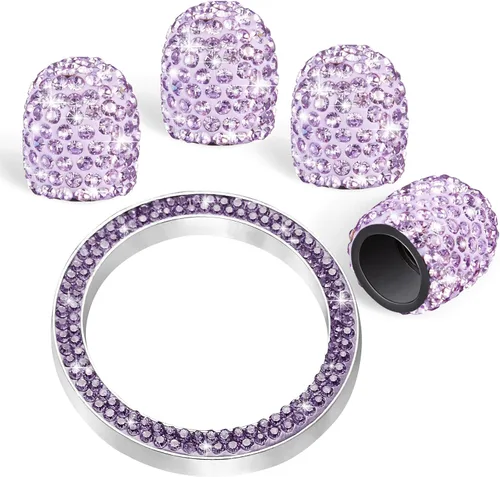 Vista 8 de WINKA 4 tapones para válvula de neumático de automóvil con diamantes de imitación, 1 cubierta de botón de motor de automóvil, anillo de encendido