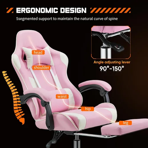 Vista 4 de DUMOS - Silla de escritorio de oficina para juegos con reposapiés y reposacabezas para adultos, silla ergonómica de piel sintética para computadora
