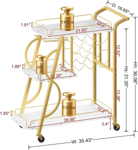 Vista 2 de Carrito de Bar, Carrito de Bar Dorado para el Hogar, Carrito de Servicio con Soporte para Copas de Vino, Carrito de Bebidas de 3 Niveles con Ruedas