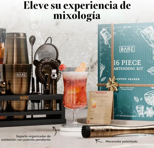 Vista 8 de BARE BARREL® Kit de Barman para Mixología Juego de Herramientas de Bar Juego de Coctelera de 16 Piezas Utensilios de Mezcla de Martini
