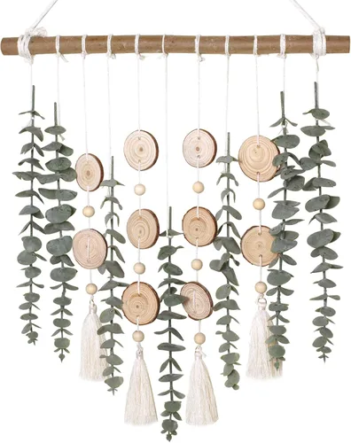 Vista 9 de Decoración de pared de eucalipto artificial con bola de mimbre, decoración bohemia natural para el hogar, guirnalda de cuentas de madera colgante
