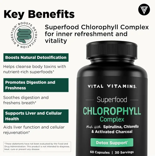 Vista 4 de Vital Vitamins Pastillas de clorofila – Suplemento desodorizante corporal – Hecho con espirulina, clorella, perejil orgánico, menta y carbón