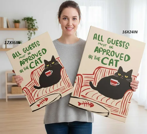 Vista 5 de Divertido Arte de Pared de Gato Negro con Café All Guests Must Be Approved By The Cat Cuadro con Cita Pintura Decoración de Pared Póster Retro