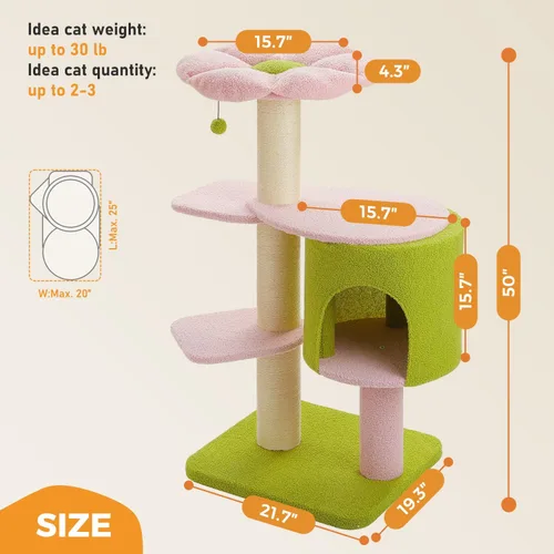 Vista 7 de MUTTROS Árbol para gatos de flores rosas de 50 pulgadas para gatos grandes y pesados, torre Maine Coon para gatos con postes rascadores extra
