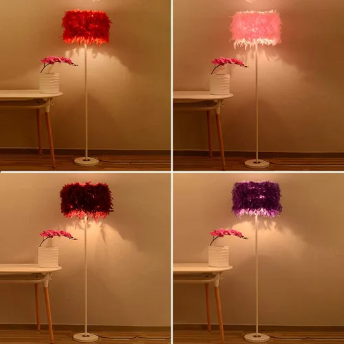 Vista 2 de LAKIQ Lámpara de pie moderna con pantalla de tambor de plumas, iluminación de piso enchufable para sala de estar, dormitorio, lectura (rojo)