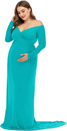 Vista 3 de ZIUMUDY Vestido de maternidad con hombros descubiertos y medio círculo, maxi vestido de fotografía para baby shower