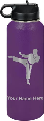Vista 22 de Botella de agua personalizada LaserGram, Karate Man, de acero inoxidable con aislamiento al vacío de doble pared con tapa abatible, regalo grabado