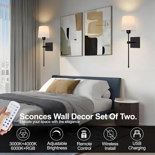Vista 8 de Juego de 2 apliques de pared a pilas, luces de pared recargables inalámbricas negras con bombillas RGB recargables regulables, lámpara de pared