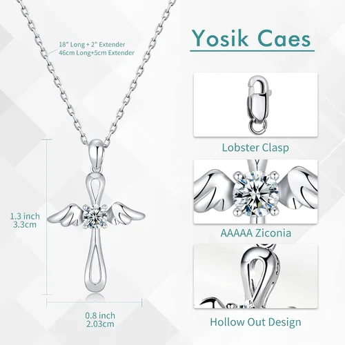 Vista 4 de YosikCaes 925 Sterling Silver Cross Necklace for Women with 18K Gold PlatedGold Vermeil, Hand Set 5A Zirconia, 18+2" Chain Length, 10mm Lobster Claw