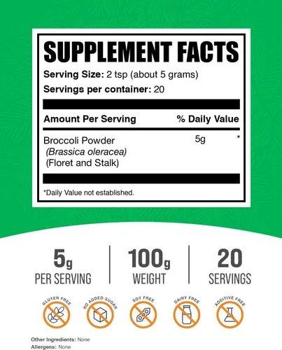Vista 2 de BULKSUPPLEMENTS.COM Polvo de brócoli - Polvo vegetal con antioxidantes y fibra, sin gluten, vegano y sin rellenos, 0.18 oz por porción, 20 porciones