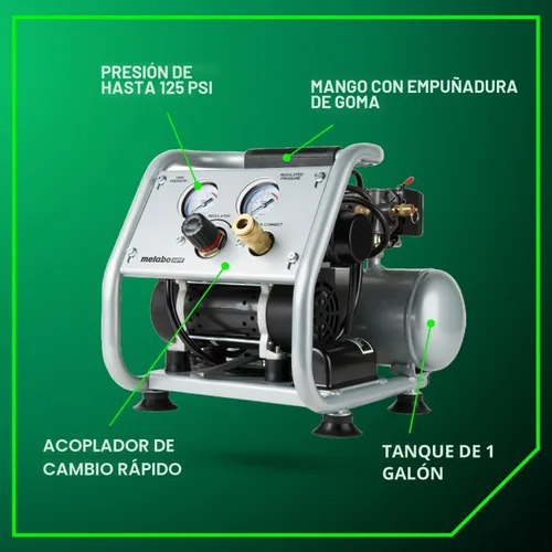 Vista 6 de Metabo HPT Compresor de aire silencioso, compresor de aire portátil sin aceite de 1 galón, funcionamiento ultrasilencioso a 59 dB, acoplador rápido