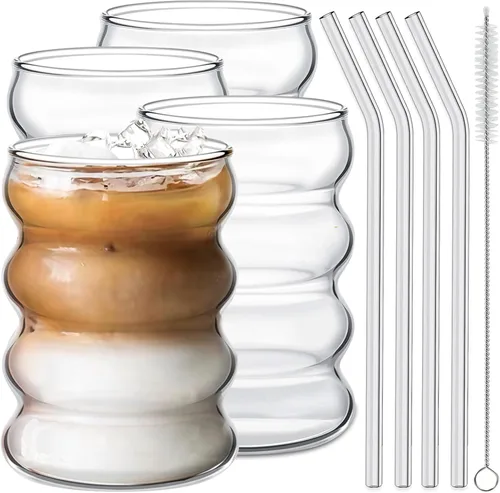 Vista 9 de Ework4U 2 Piezas Vasos para Beber con Popote de Vidrio de 14 Onzas Juego de Cristalería, Vasos de Cóctel, Vasos de Café Helado, Vasos de Cerveza