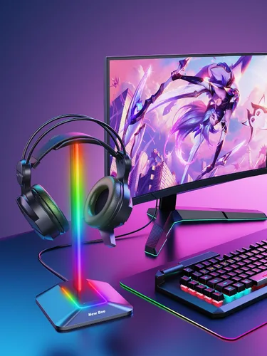 Vista 2 de New bee RGB Headphone Stand Desk Gaming Headset Holder with 7 Light Modes and Non-Slip Rubber Base Suitable for All Earphone Accessories(Black)