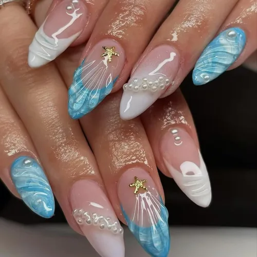 Vista 22 de Uñas postizas a presión medianas con diseño geométrico blanco almendra – 24 uñas postizas reutilizables de ABS brillante, fácil de aplicar, juego