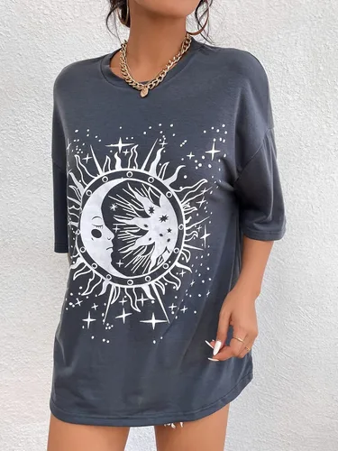 Vista 4 de SheIn Camiseta de gran tamaño con cuello redondo y hombros caídos para mujer