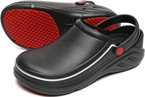 Vista 2 de Zapatos de trabajo de seguridad antideslizantes para hombres y mujeres, para enfermería de jardín, resistentes al agua, para cocina, chef, Negro, 9