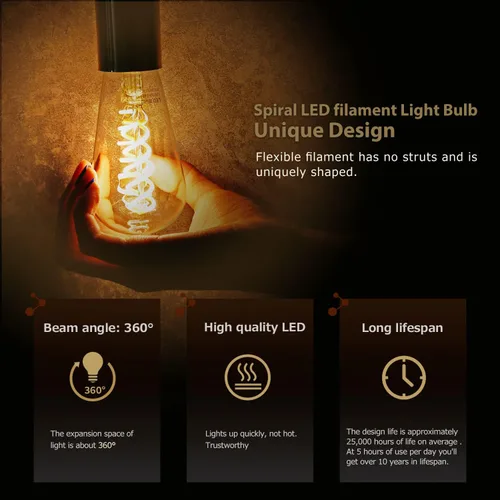 Vista 4 de Paquete de 6 bombillas Edison ST19 ST58, bombillas LED vintage, blanco suave de 2700 K, bombilla de filamento LED en espiral flexible antiguo, St58
