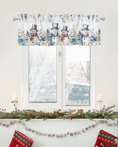 Vista 6 de Cenefas de cortina de Navidad con diseño de muñeco de nieve para ventanas, cenefas de ventana de hojas de eucalipto, bolsillo para barra, cortinas