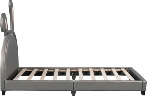 Vista 5 de Cama de plataforma, base de cama tapizada de cuero con cabecera de adorno de conejo, ideal para el dormitorio o apartamento de un niño