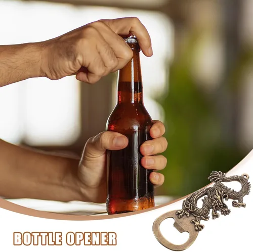 Vista 4 de Abrebotellas de dragón Abrebotellas de cerveza 2024 Año Nuevo chino Zodiaco Animal Abrebotellas Metal Vintage Abrebotellas Llavero Dragón Dorado