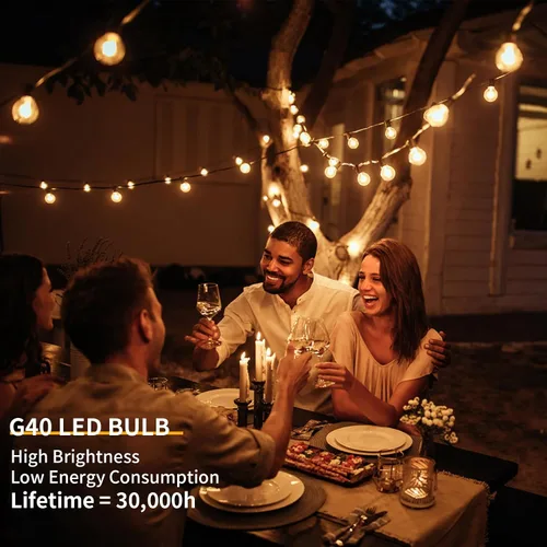 Vista 4 de Cadena de luces LED para exteriores de 40 pies, impermeables, G40, luces LED de globo para exteriores para patio con 27 bombillas Edison vintage a